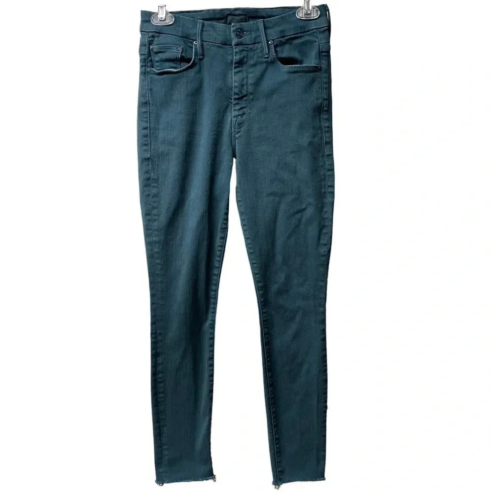 Mother High Waist Looker Ankle Fray. Muted teal blue color. Size 25.